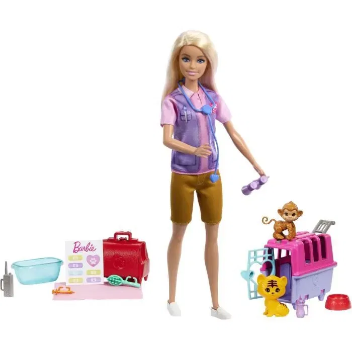 Barbie HRG50 - Coffret poupée Sauvetage d'Animaux avec poupée blonde, 2 bébés animaux (tigre et singe) et 12 accessoires