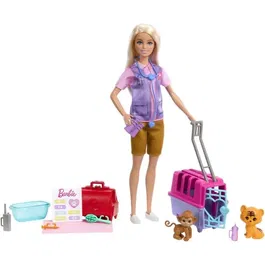Barbie HRG50 - Coffret poupée Sauvetage d'Animaux avec poupée blonde, 2 bébés animaux (tigre et singe) et 12 accessoires