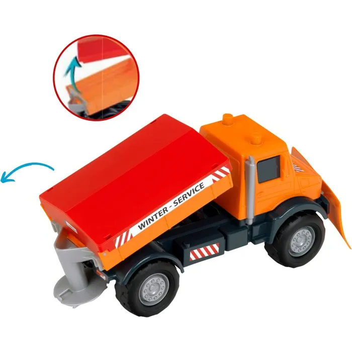 Klein Camion Chasse-Neige Saleur 3801 Mercedes-Benz Unimog - Benne Basculante, Pelle, Épandeur - Roues Souples - Échelle 1:24 - Jouet Enfant Dès 3 Ans