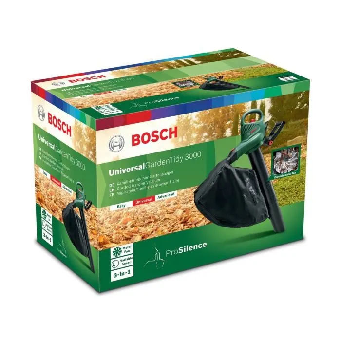 Bosch UniversalGardenTidy 3000 - Aspirateur, Souffleur et Broyeur de Jardin Électrique 3000 W - Vitesse Air 285 km/h - Sac de Collecte 50 L - Fonction ProSilence - Vert