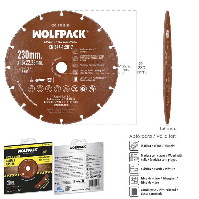 Wolfpack Linea Profesional Disque de coupe bois/plastique 230x1,6mm