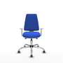 Chaise Elche Asynchrone Tissu Bleu Structure chromée Accoudoirs blancs Sans appui-tête Roulettes 65mm pour moquette