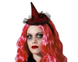 Chapeau de sorcière rouge avec voile et nœud