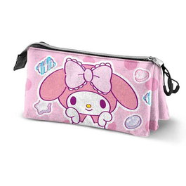 Sanrio - My Melody Ptodo Triple Sweets - Trousse de rangement plate pour crayons - 3 compartiments - Rosa - 10 x 23,5 x 5 cm