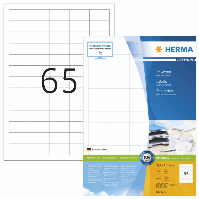 Herma Étiquettes 38,1x21,2 mm, 100 feuilles A4 (6500 pièces) Herma Étiquettes 38,1x21,2 mm, 100 feuilles A4 (6500 pièces)