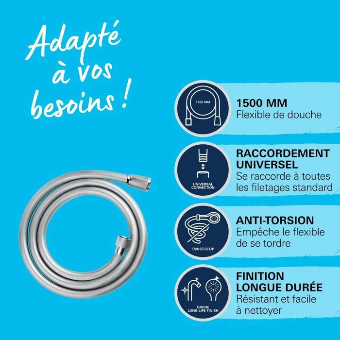 Flexible de douche GROHE VitalioFlex 28743002 - 1,5m - Anti-pliures et torsion - Connexion universelle G 1/2" - Chromé
