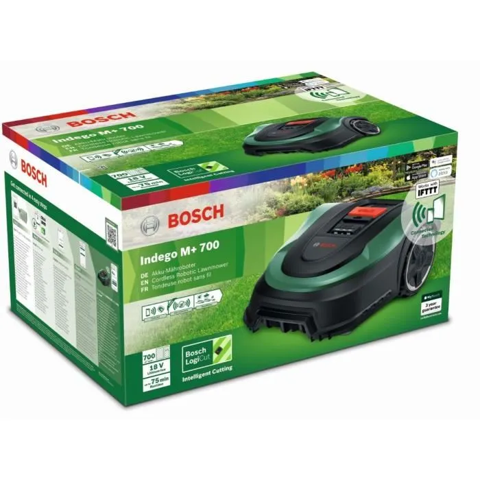 Bosch Indego M+ 700 Tondeuse robot autotractée pour jardin jusqu'à 700 m², coupe 19 cm avec 3 lames, hauteur max 30 mm, batterie incluse Bosch Indego M+ 700 Tondeuse robot autotractée pour jardin jusqu'à 700 m², coupe 19 cm avec 3 lames, hauteur max 30 mm, batterie incluse