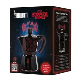 Bialetti - Moka Express Stranger Things 6 tasses - Cafetière italienne 270 ml, design noir/rouge avec bouton musical USB-C