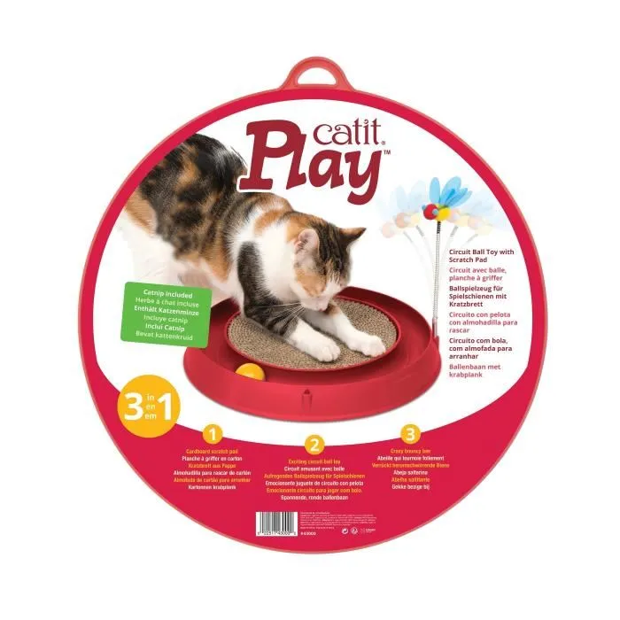 Cat It Cuircuit Jouet Interactif 3 en 1 pour Chat avec Balle, Planche à Griffer et Herbe à Chat, Ø 36 cm, Rouge