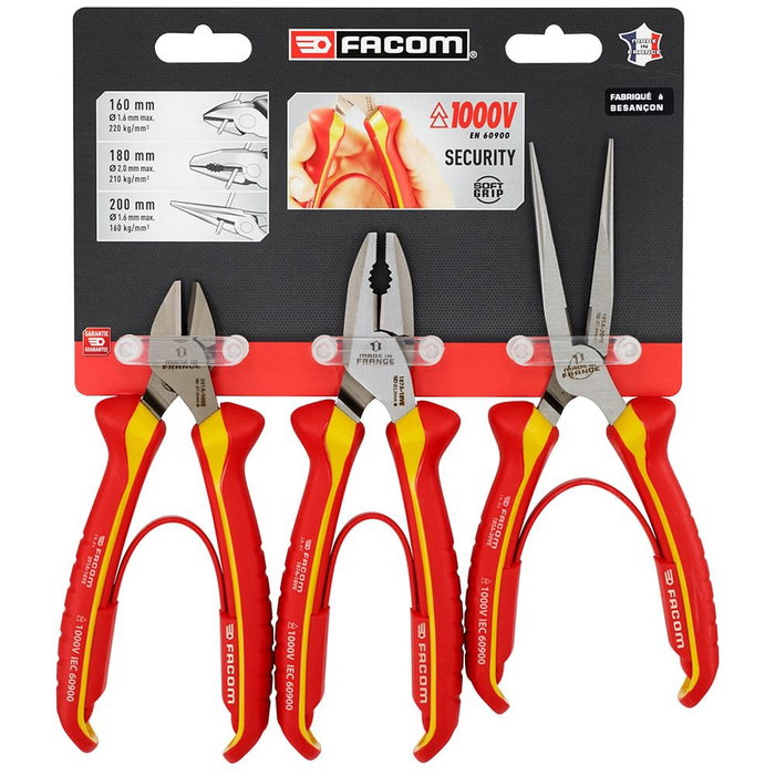 Facom Lot de 3 pinces isolées 1000 V pour électricien Facom Lot de 3 pinces isolées 1000 V pour électricien