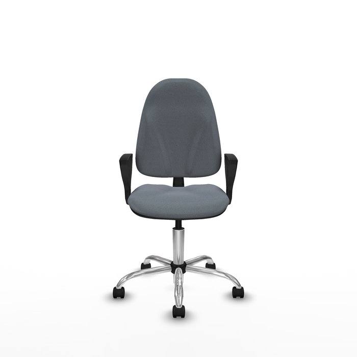 Chaise de bureau Algarra avec mécanisme de contact permanent de base, recouverte de tissu gris. Équipée d'une base chromée, d'accoudoirs fixes et de roulettes en nylon de 50 mm