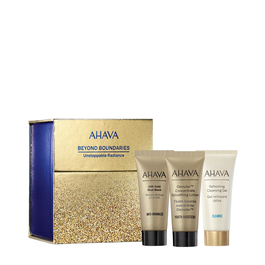 Ahava - Coffret Unstoppable Radiance : Sérum Osmoter, Lotion Lissante, Gel Nettoyant Purifiant et Masque Anti-Âge à l'Or 24K (4x15 ml) avec Poche