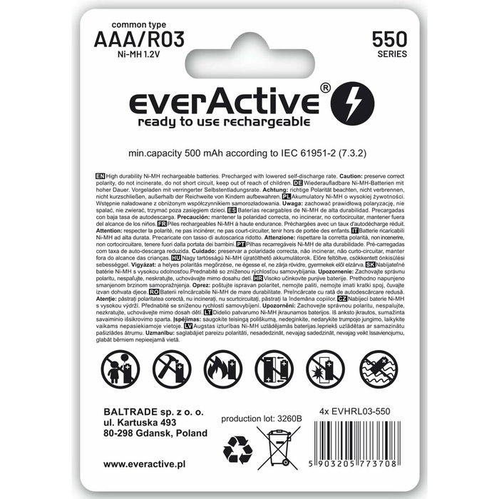 EverActive EVHRL03-550 Piles Rechargeables NiMh 1,2 V (Lot de 4) EverActive EVHRL03-550 Piles Rechargeables NiMh 1,2 V (Lot de 4)