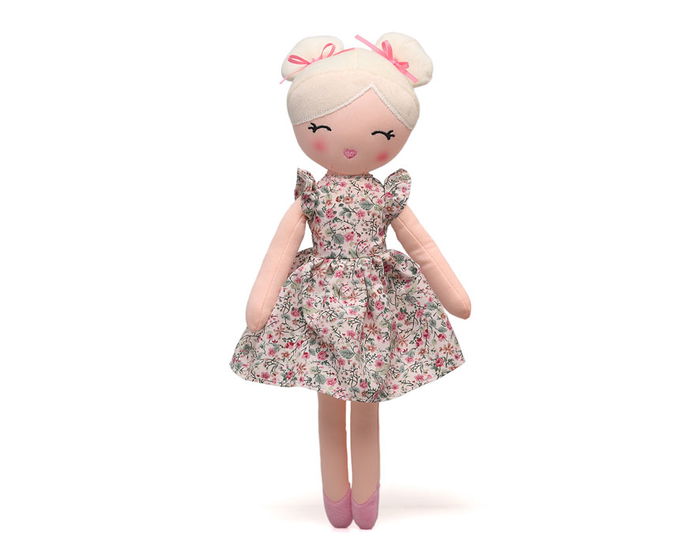 KioKids - Poupée en tissu blonde avec robe à fleurs verte et rose - 30 cm - Dès 10 mois - Jouet doux et léger - Matière: Polyester