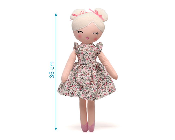 KioKids - Poupée en tissu blonde avec robe à fleurs verte et rose - 30 cm - Dès 10 mois - Jouet doux et léger - Matière: Polyester