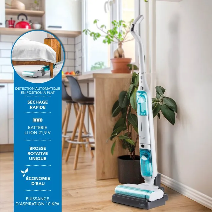 Domo DO253SW - Aspirateur balai laveur sans fil, 10000 Pa, 35 min autonomie, 75 m², 450 ml, blanc/bleu