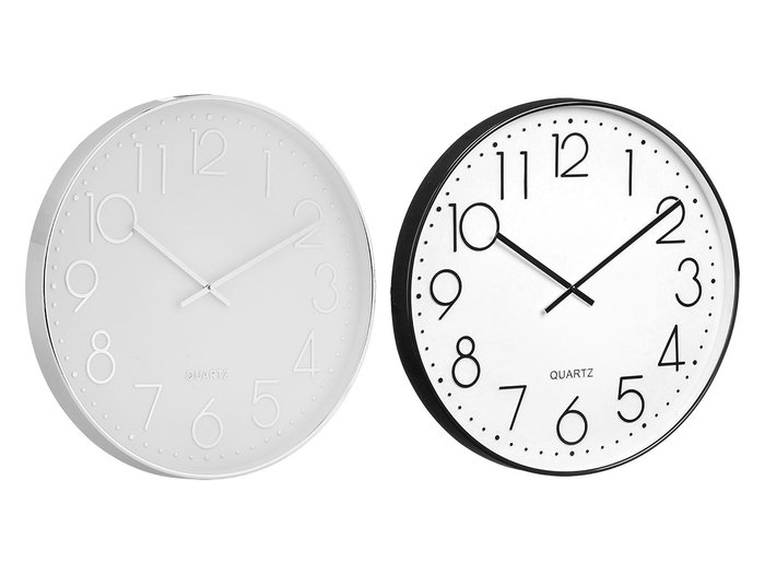 Giftdecor Horloge Ronde 50 cm Simple Lot Assorti Noir et Argent Plastique et Verre (Set de 6)