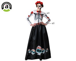 Déguisement Squelette Mexicain Catrina pour Femme Adulte - Robe avec Crânes et Fleurs, Cinturon, Taille XS-S, Polyester, Multicolore, Fermeture Velcro - Halloween et Jour des Morts