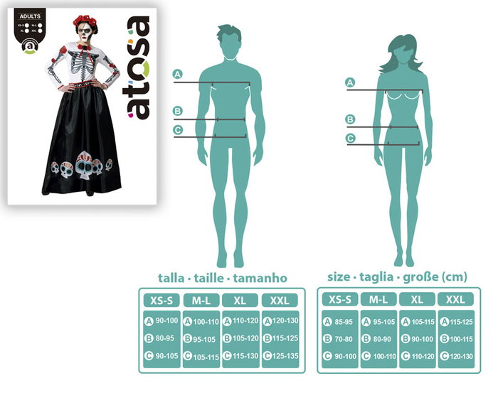 Déguisement Squelette Mexicain Catrina pour Femme Adulte - Robe avec Crânes et Fleurs, Cinturon, Taille XS-S, Polyester, Multicolore, Fermeture Velcro - Halloween et Jour des Morts