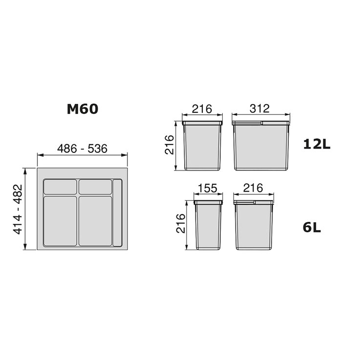 Emuca Kit poubelle de tri sélectif pour tiroir de cuisine avec socle Recycle hauteur 216mm, 1x12litres, 2x6litres, module 600mm, Plastique gris anthracite Emuca Kit poubelle de tri sélectif pour tiroir de cuisine avec socle Recycle hauteur 216mm, 1x12litres, 2x6litres, module 600mm, Plastique gris anthracite