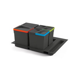 Emuca Kit poubelle de tri sélectif pour tiroir de cuisine avec socle Recycle hauteur 216mm, 1x12litres, 2x6litres, module 600mm, Plastique gris anthracite