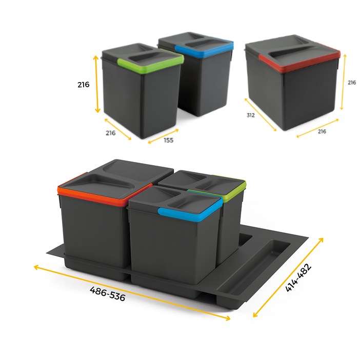 Emuca Kit poubelle de tri sélectif pour tiroir de cuisine avec socle Recycle hauteur 216mm, 1x12litres, 2x6litres, module 600mm, Plastique gris anthracite Emuca Kit poubelle de tri sélectif pour tiroir de cuisine avec socle Recycle hauteur 216mm, 1x12litres, 2x6litres, module 600mm, Plastique gris anthracite