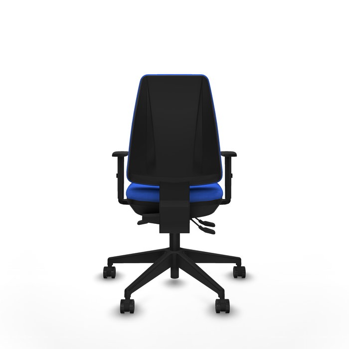 Chaise Elche Asynchrone Tissu Bleu Base pyramidale noire Accoudoir 1D Sans appui-tête Roulettes 65mm nylon