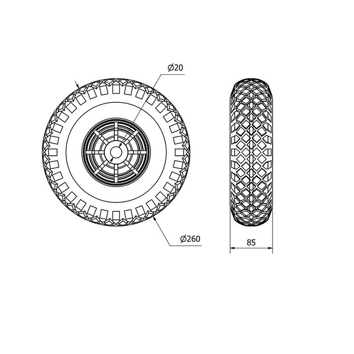 Ruedas Alex Roue pneumatique avec noyau polyamide et axe lisse, charge max. 175 kg, Ø 26 cm