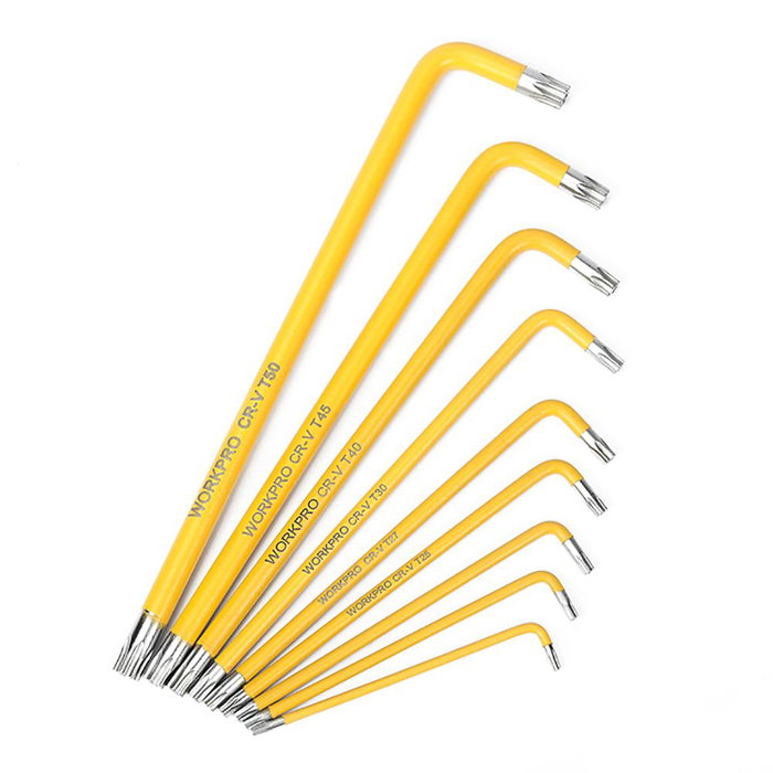 Workpro Jeu de 9 clés Torx de sécurité longues, acier chromé-vanadium, T10 à T50, jaune Workpro Jeu de 9 clés Torx de sécurité longues, acier chromé-vanadium, T10 à T50, jaune