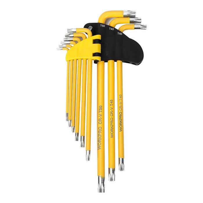 Workpro Jeu de 9 clés Torx de sécurité longues, acier chromé-vanadium, T10 à T50, jaune Workpro Jeu de 9 clés Torx de sécurité longues, acier chromé-vanadium, T10 à T50, jaune