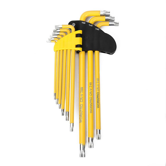 Workpro Jeu de 9 clés Torx de sécurité longues, acier chromé-vanadium, T10 à T50, jaune Workpro Jeu de 9 clés Torx de sécurité longues, acier chromé-vanadium, T10 à T50, jaune