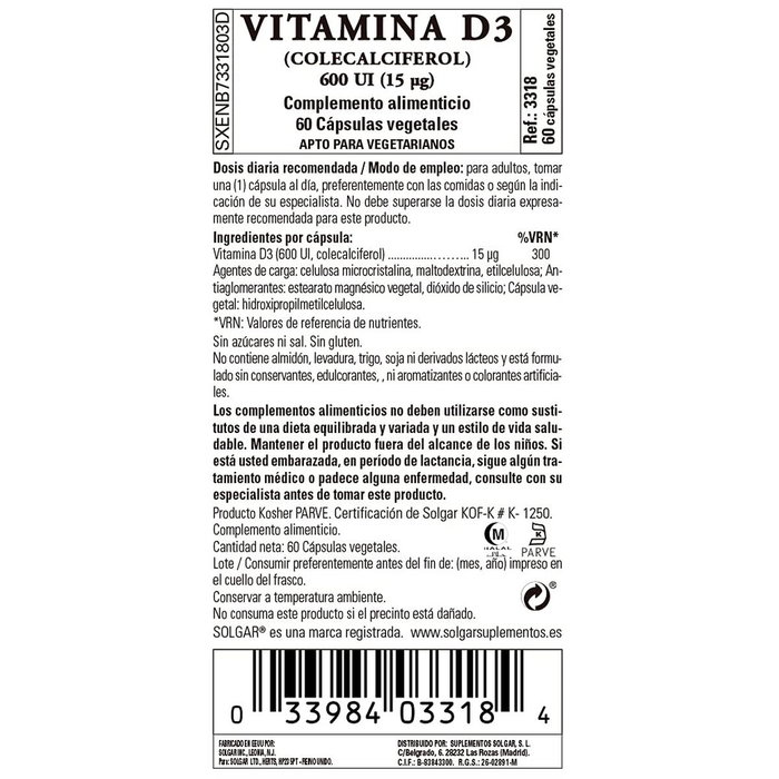 Vitamine D3 (cholécalciférol) Solgar 600 iu 60 Capsules