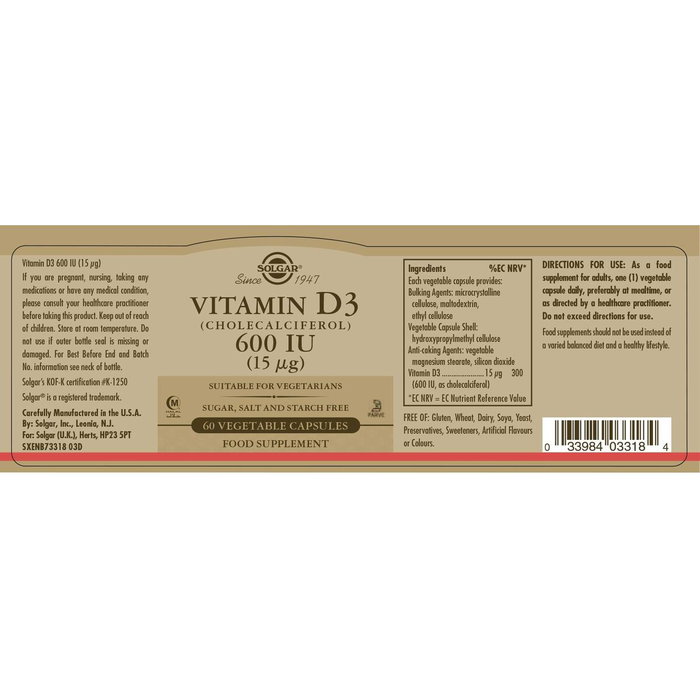 Vitamine D3 (cholécalciférol) Solgar 600 iu 60 Capsules