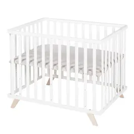 Roba Parc pour Bébé 77x98x72.5 cm en Bois Blanc - Tapis Douillet 'Lil Planet' Gris Inclus - Bois Massif Laqué, Conforme Normes de Sécurité
