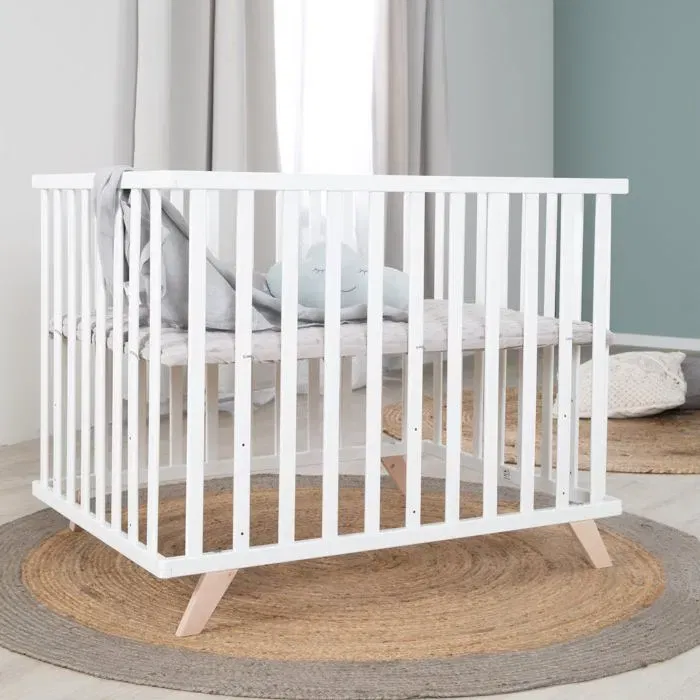 Roba Parc pour Bébé 77x98x72.5 cm en Bois Blanc - Tapis Douillet 'Lil Planet' Gris Inclus - Bois Massif Laqué, Conforme Normes de Sécurité