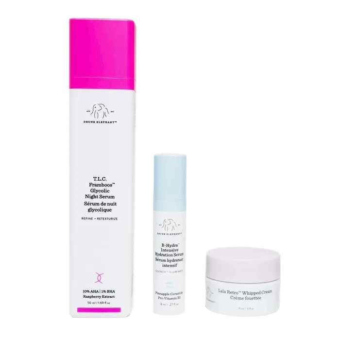 Drunk Elephant Set : T.L.C. Framboos Glycolic, B-Hydra et Lala Retro