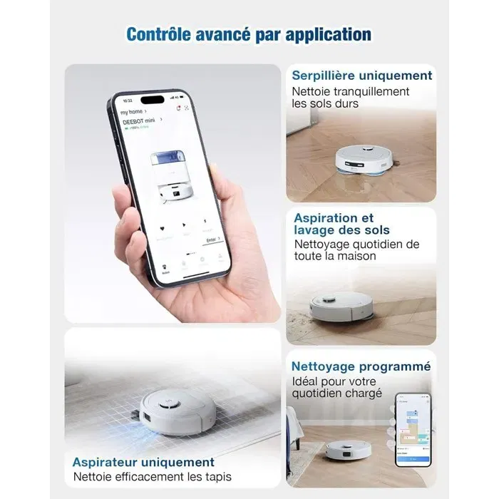 Ecovacs DEEBOT MINI - Aspirateur Robot Laveur Compact (28.6 cm) avec Puissance 9000 Pa, Navigation TrueMapping 2.0, Brosse ZeroTangle 2.0, Séchage à 45°C et Vidage Automatique