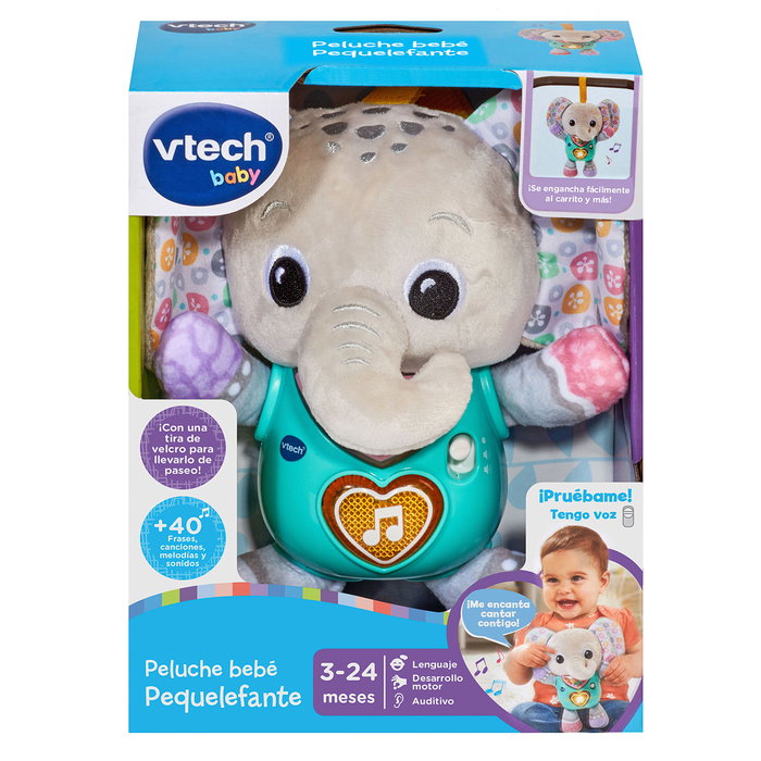 V-Tech Peluche Bébé Elephant Pequelefante 80-566722 avec Chansons et Vocabulaire pour Enfants Dès 3 Mois - Effets Lumineux et Bandoulière