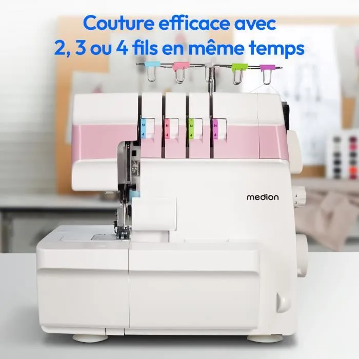 MEDION Surjeteuse SO 90 - 91W - Aiguilles Type 11, 14, 16 - 1200 tr/min - LED - Rose - Machine à coudre pour finitions professionnelles
