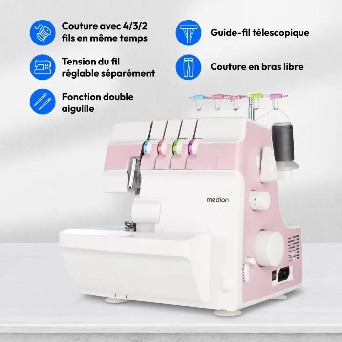 MEDION Surjeteuse SO 90 - 91W - Aiguilles Type 11, 14, 16 - 1200 tr/min - LED - Rose - Machine à coudre pour finitions professionnelles