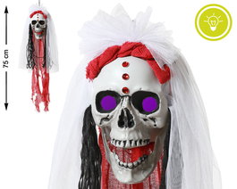 Calavera Colgante Novia avec Tulle Blanc et Lumières de 75 cm pour Décoration Macabre et Effrayante