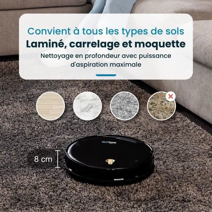 EZICLEAN Robot Aspirateur Laveur Connecté I-Bot Z5 - 75 min d'autonomie - 2600 Pa - Aspiration de la Base - Pour Sols Durs (jusqu'à 90 m²)