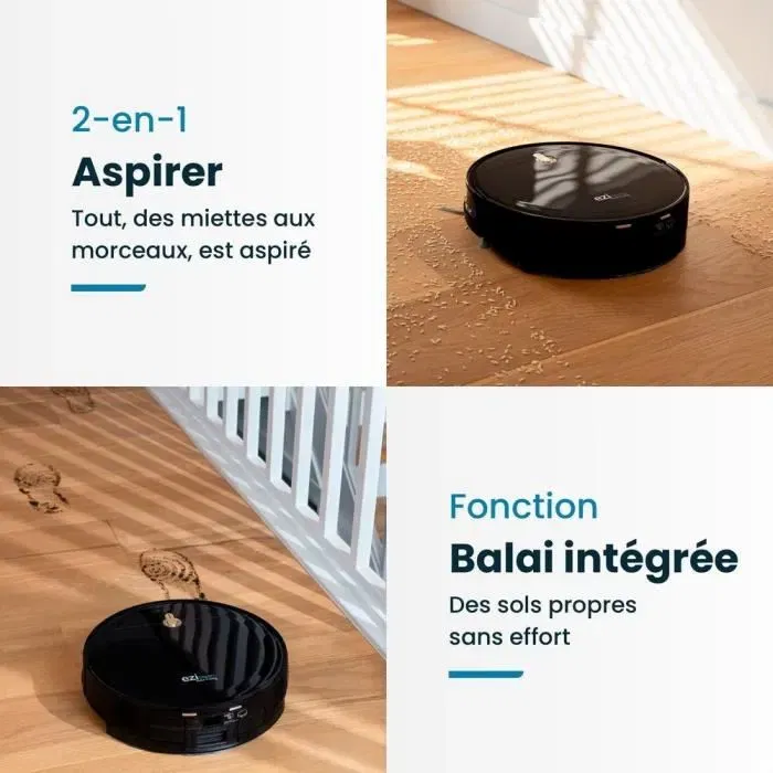 EZICLEAN Robot Aspirateur Laveur Connecté I-Bot Z5 - 75 min d'autonomie - 2600 Pa - Aspiration de la Base - Pour Sols Durs (jusqu'à 90 m²)