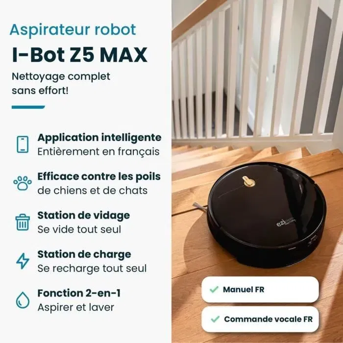 EZICLEAN Robot Aspirateur Laveur Connecté I-Bot Z5 - 75 min d'autonomie - 2600 Pa - Aspiration de la Base - Pour Sols Durs (jusqu'à 90 m²)