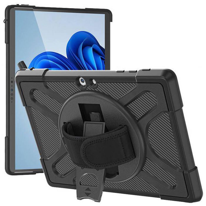 eSTUFF Coque de Protection Defender ATLANTA pour Microsoft Surface Go 2 / 3 / 4 - Support Intégré Rotatif 360°, Protection Antichoc MIL-STD-810H, avec Dragonne - Noire