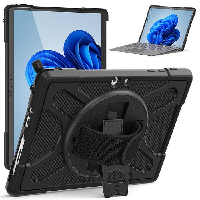 eSTUFF Coque de Protection Defender ATLANTA pour Microsoft Surface Go 2 / 3 / 4 - Support Intégré Rotatif 360°, Protection Antichoc MIL-STD-810H, avec Dragonne - Noire