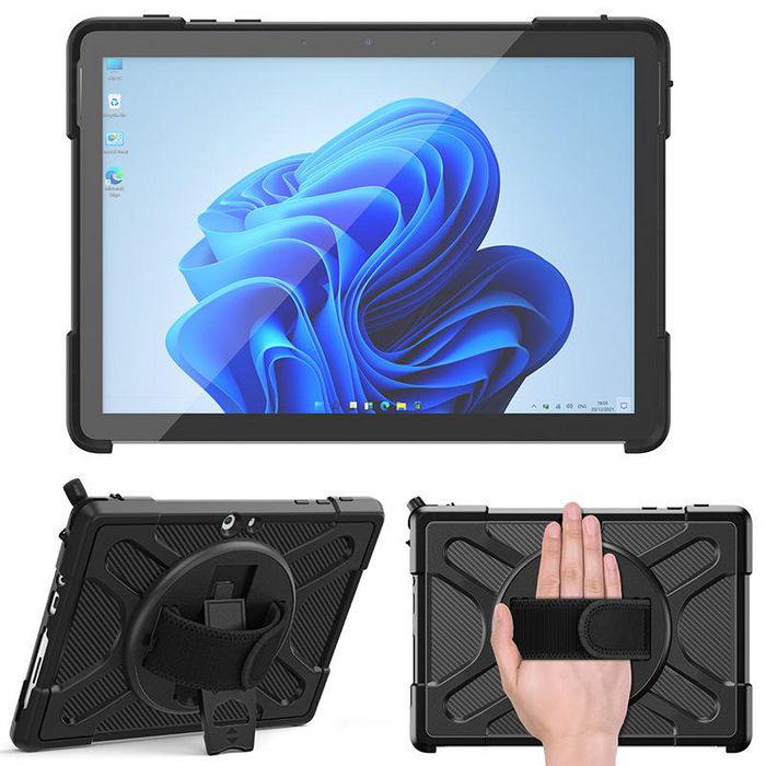 eSTUFF Coque de Protection Defender ATLANTA pour Microsoft Surface Go 2 / 3 / 4 - Support Intégré Rotatif 360°, Protection Antichoc MIL-STD-810H, avec Dragonne - Noire
