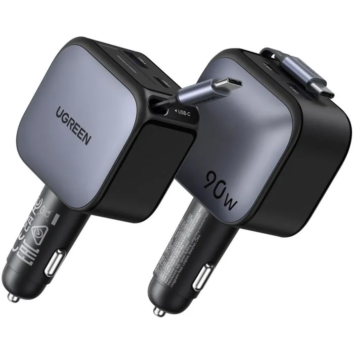 UGREEN Chargeur Voiture 90W USB-C et USB-A avec Câble Rétractable Intégré, Charge Rapide et Double Port, Noir