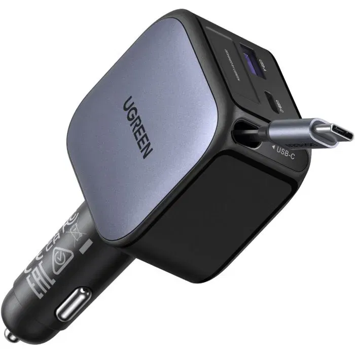 UGREEN Chargeur Voiture 90W USB-C et USB-A avec Câble Rétractable Intégré, Charge Rapide et Double Port, Noir