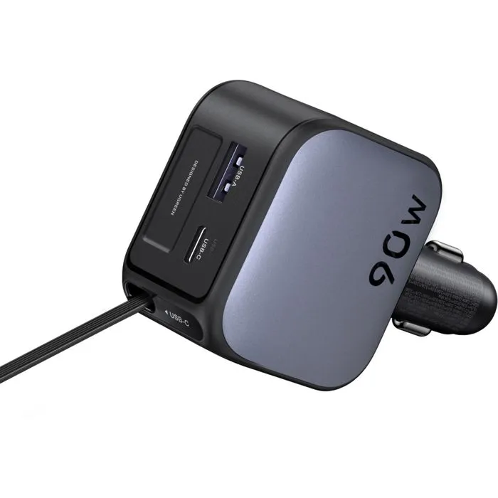 UGREEN Chargeur Voiture 90W USB-C et USB-A avec Câble Rétractable Intégré, Charge Rapide et Double Port, Noir